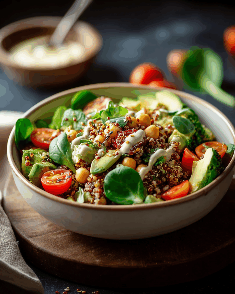 Vegetarische glutenfreie Linsen‑Quinoa‑Bowl mit Tahini‑Dressing – Gesund, bunt und voller Power