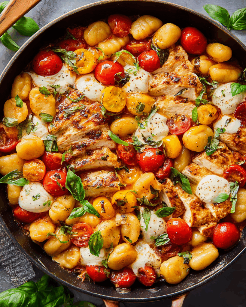 Caprese Hähnchen Gnocchi Pfanne – Ein aromatisches und unkompliziertes One-Pan-Gericht