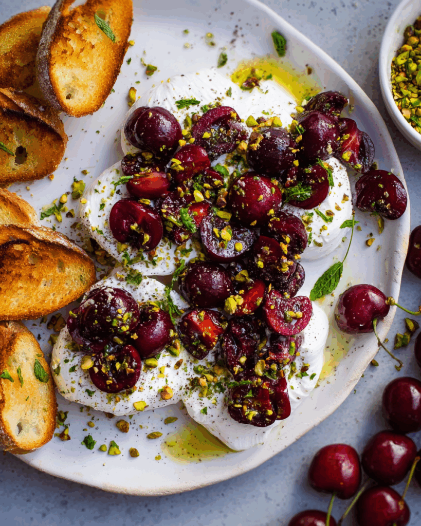 Burrata mit zerdrückten Kirschen und Pistazien: Ein sommerlicher Genuss voller Frische und Raffinesse