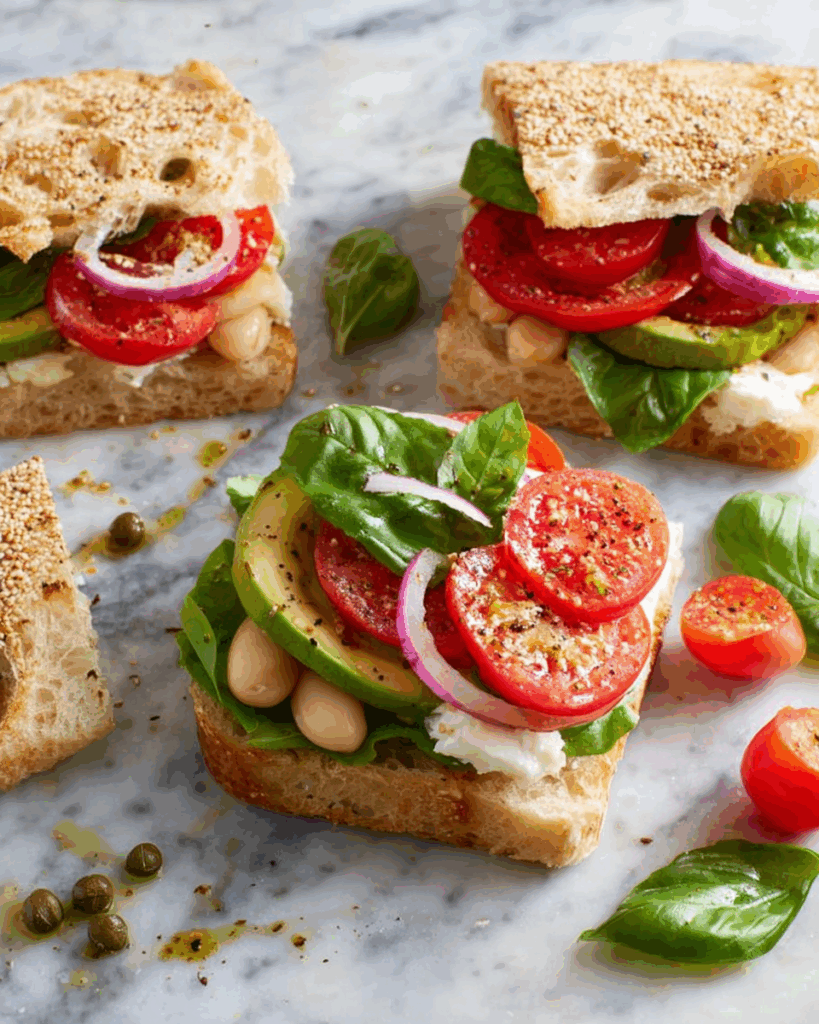Heirloom-Tomaten-Sandwich: Ein frischer Genuss mit cremigem Bohnendip