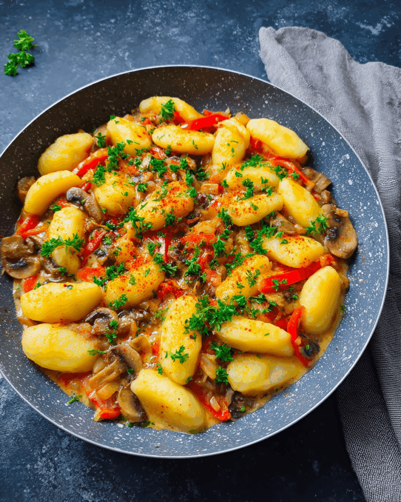 Vegane Schupfnudelpfanne mit Paprika und Pilzen: Leckeres, veganes Wohlfühlessen mit regionalen Spezialitäten