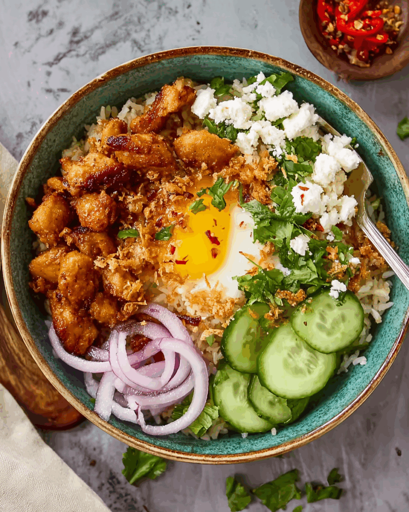 Mediterrane Knusperreis-Hähnchen-Bowl – Knuspriges Hähnchen trifft frische Aromen