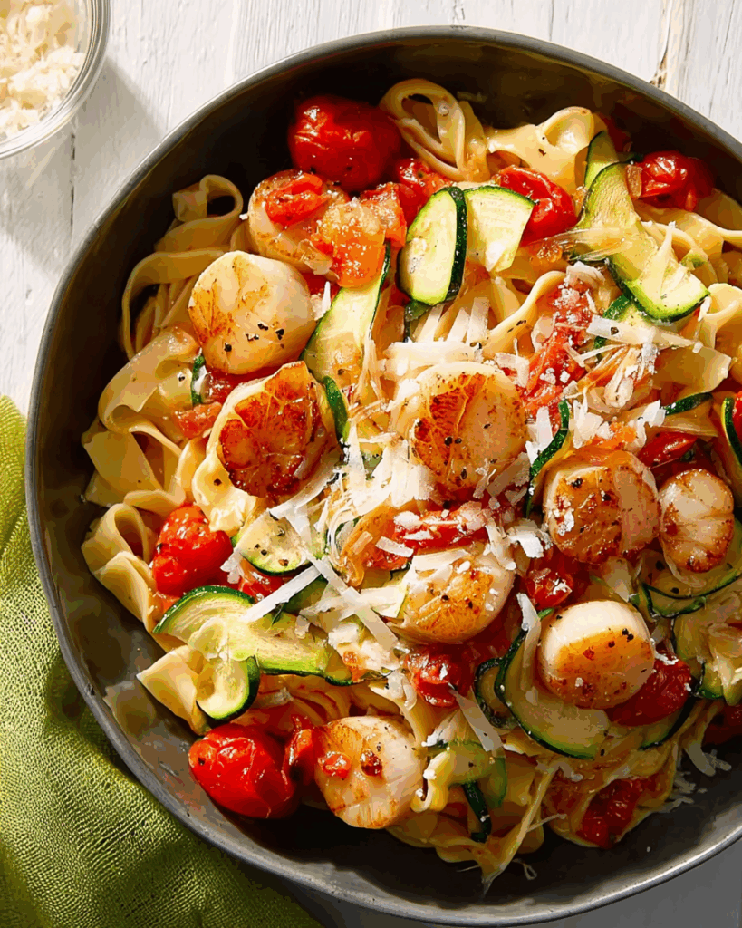 Pasta mit Jakobsmuscheln, Zucchini und Tomaten – leicht, aromatisch und elegant