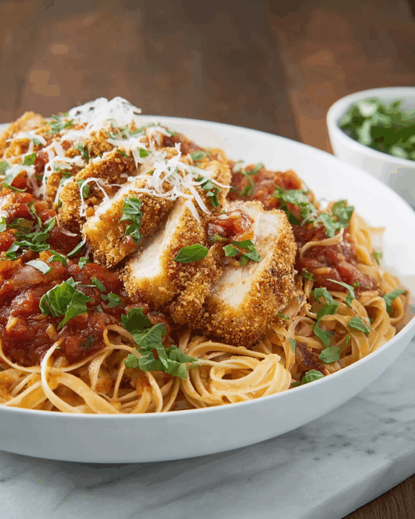 Parmesan-Hähnchen-Linguine mit Sonntagssoße – Ein herzhaftes italienisches Gericht