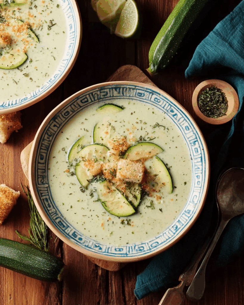 Cremige Zucchinicremesuppe mit Parmesan und frischen Kräutern