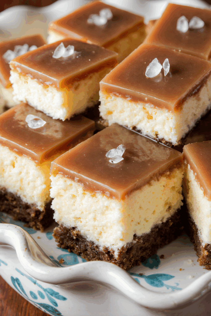 Gesalzene Karamell-Cheesecake-Quadrate – Cremiger Käsekuchen mit süß-salzigem Karamell