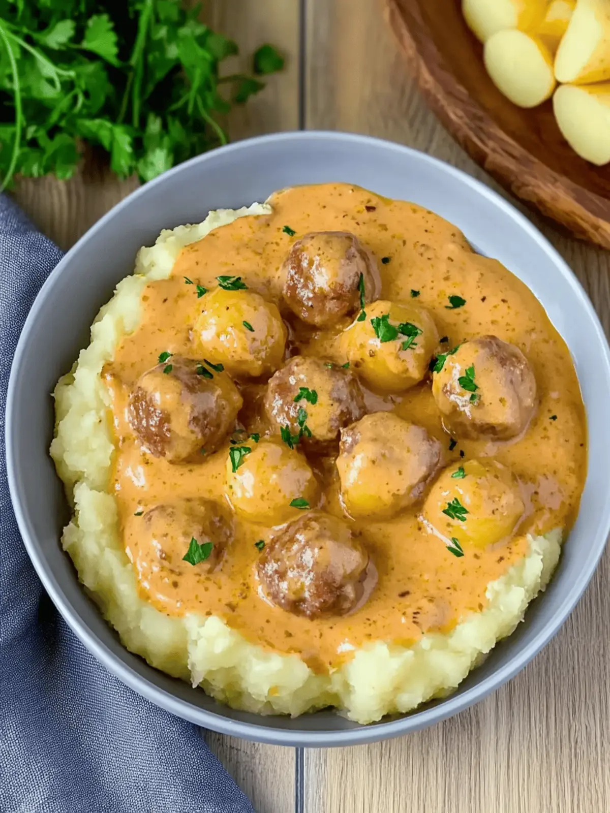 Hackbällchen in cremiger Sauce mit Kartoffelpüree