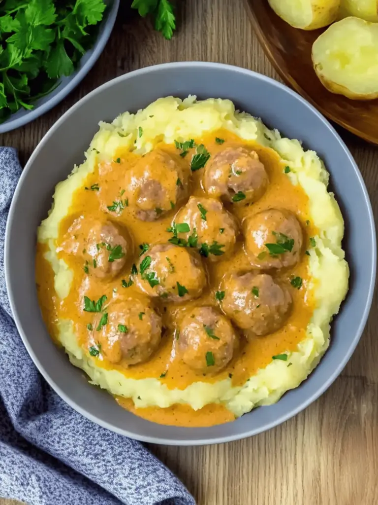 Hackbällchen in cremiger Sauce mit Kartoffelpüree