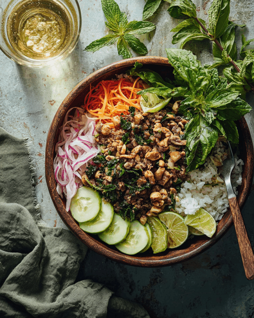 Vegetarische Pilz-Kale-Larb-Bowls: Ein frischer, würziger Genuss