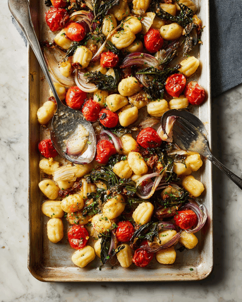 Gnocchi vom Backblech mit Gemüse und Feta: Einfaches, schnelles und köstliches Ofengericht mit Gnocchi, Broccolini, Kirschtomaten und Feta