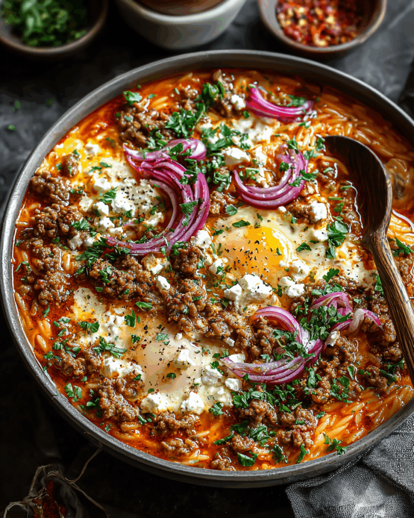 Kritharaki-Hackfleischpfanne mit Feta – Ein herzhaftes One-Pot-Gericht mit mediterranem Flair