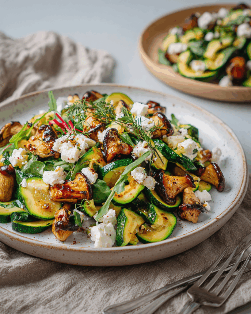 Zucchini-Salat mit gebratenen Pfifferlingen und Feta – Ein leichter Genuss für warme Tage