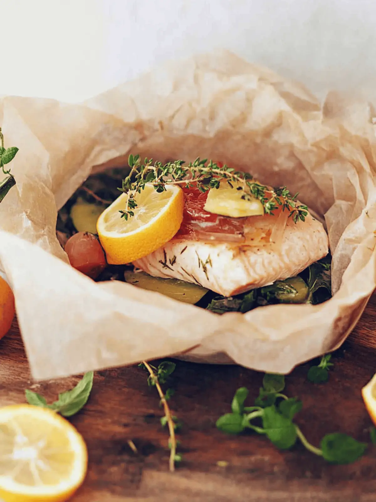 Gedämpfter Lachs im Päckchen auf Gemüsebett 3 Steamed salmon from the packet on a bed of vegetables