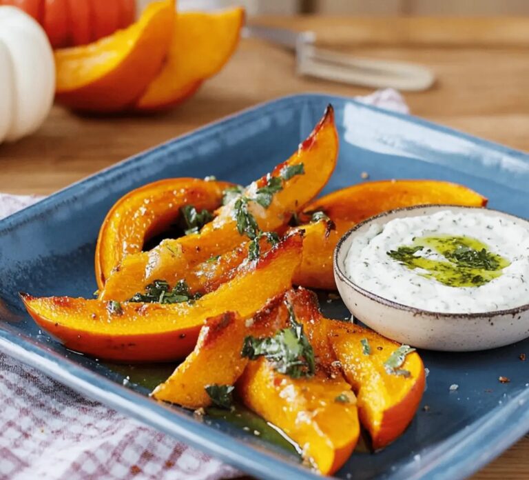 Baked Pumpkin Wedges mit Kräuterdip genießen
