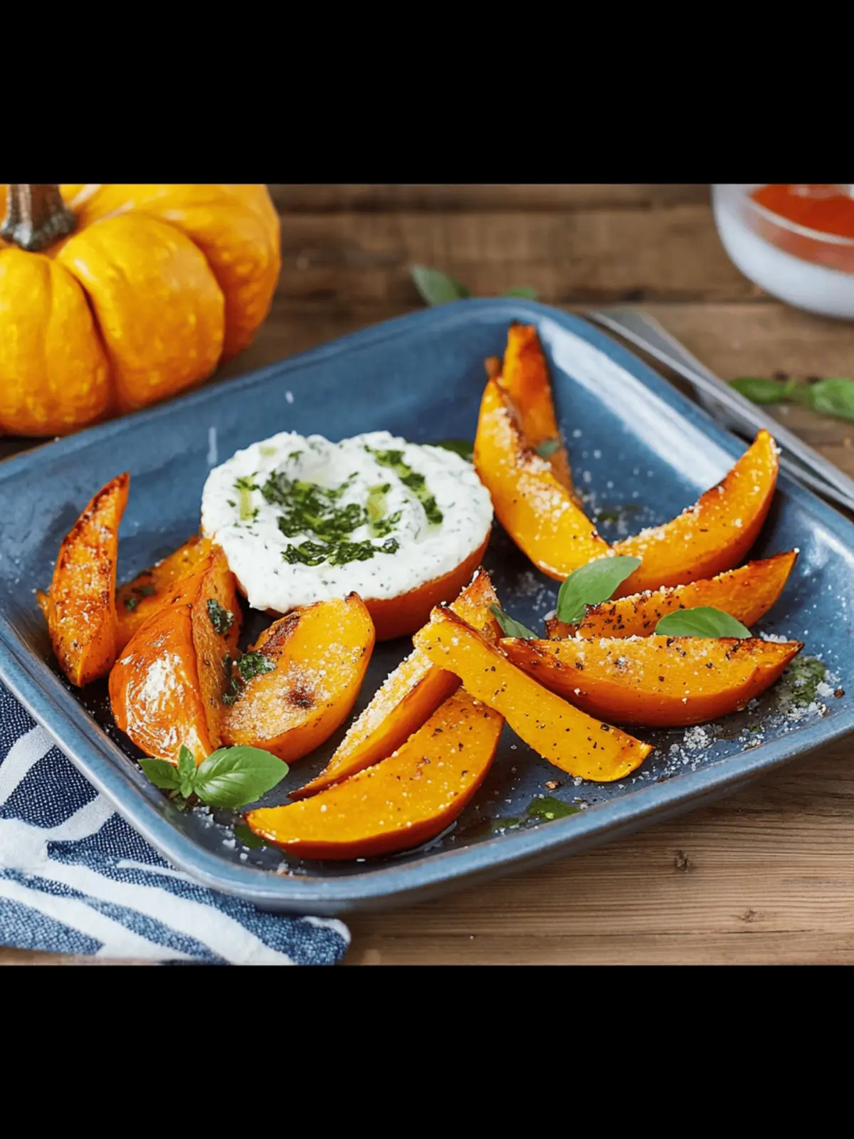 Baked pumpkin wedges with herb dip