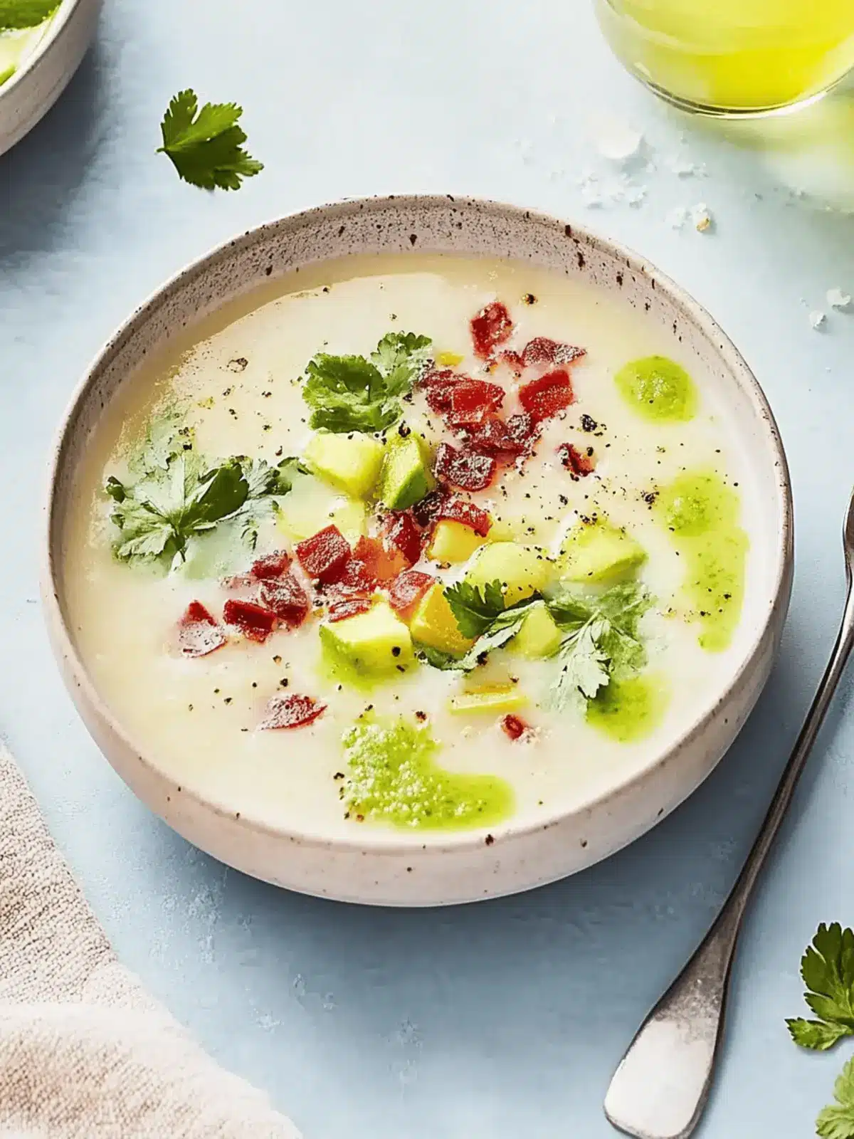 Kalte Kartoffelsuppe mit Bacon und Lauch genossen 3 Cold potato soup with bacon and leek
