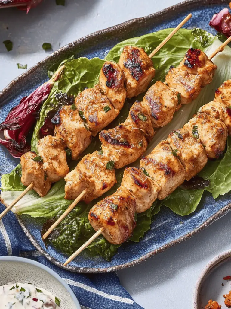 Marinated chicken skewers on cooked lamb's lettuce