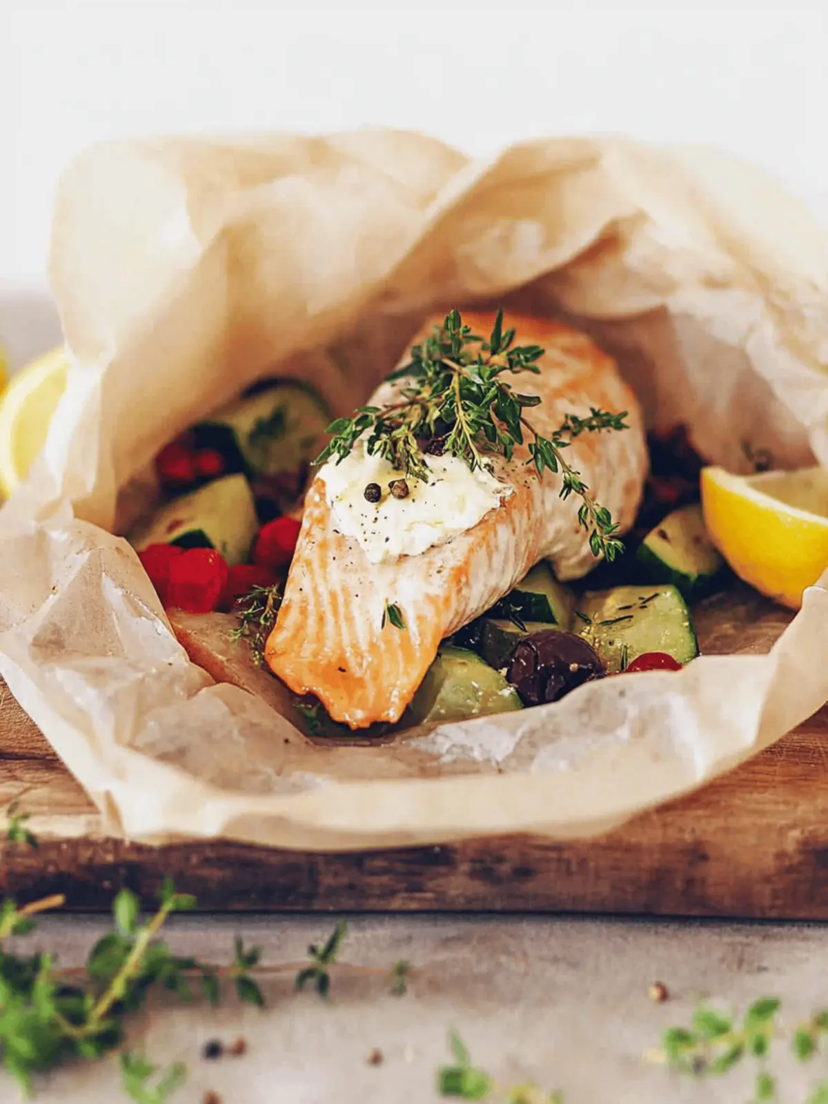 Gedämpfter Lachs im Päckchen auf Gemüsebett 2 Steamed salmon from the packet on a bed of vegetables