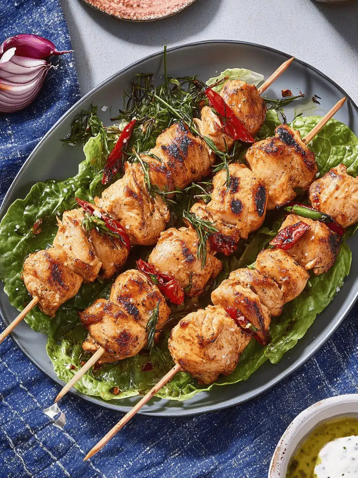 Marinierte Hähnchenspieße auf Feldsalat genießen 3 Marinated chicken skewers on cooked lamb's lettuce