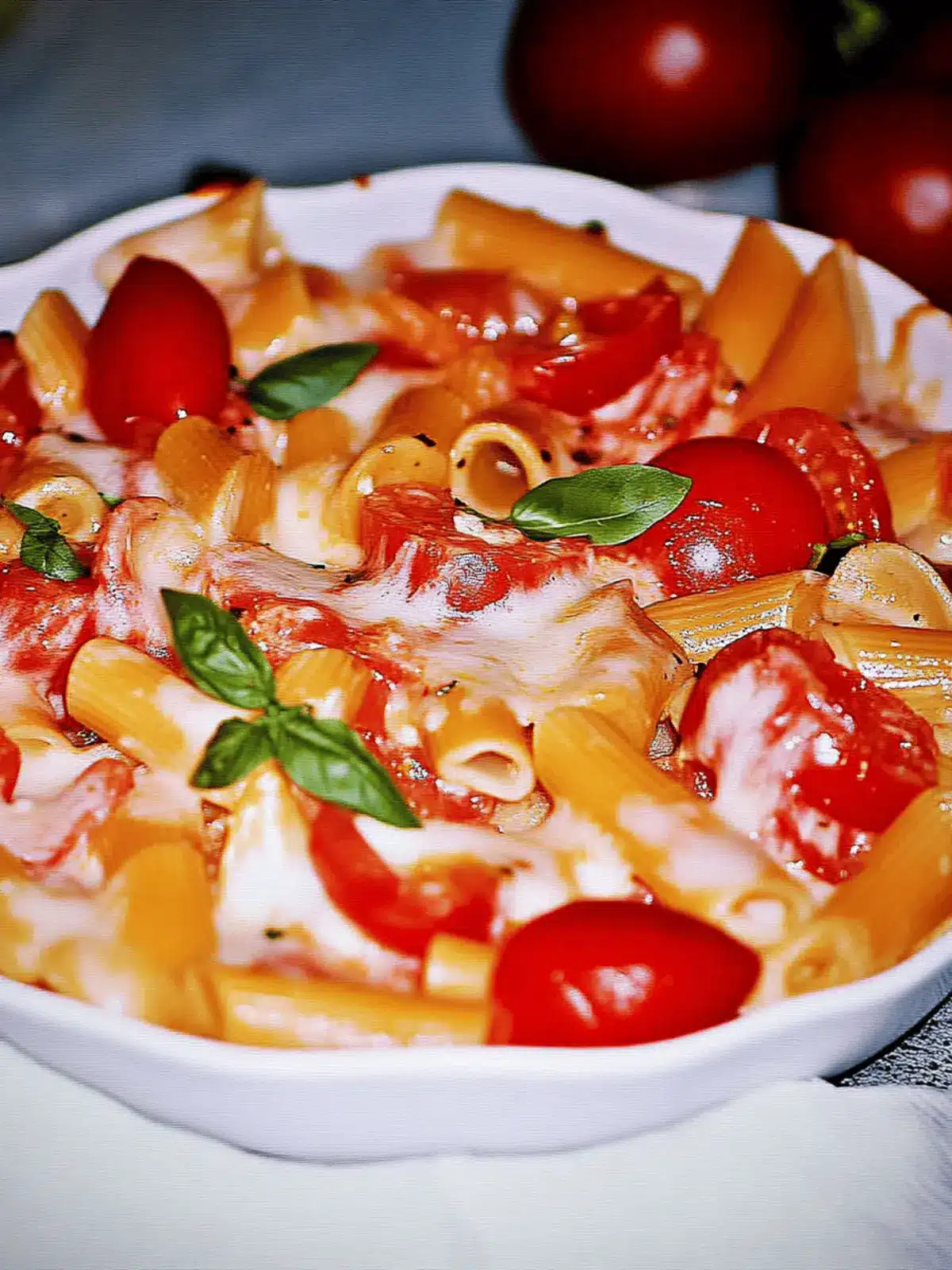 Creamy pasta bake with tomatoes and mozzarella