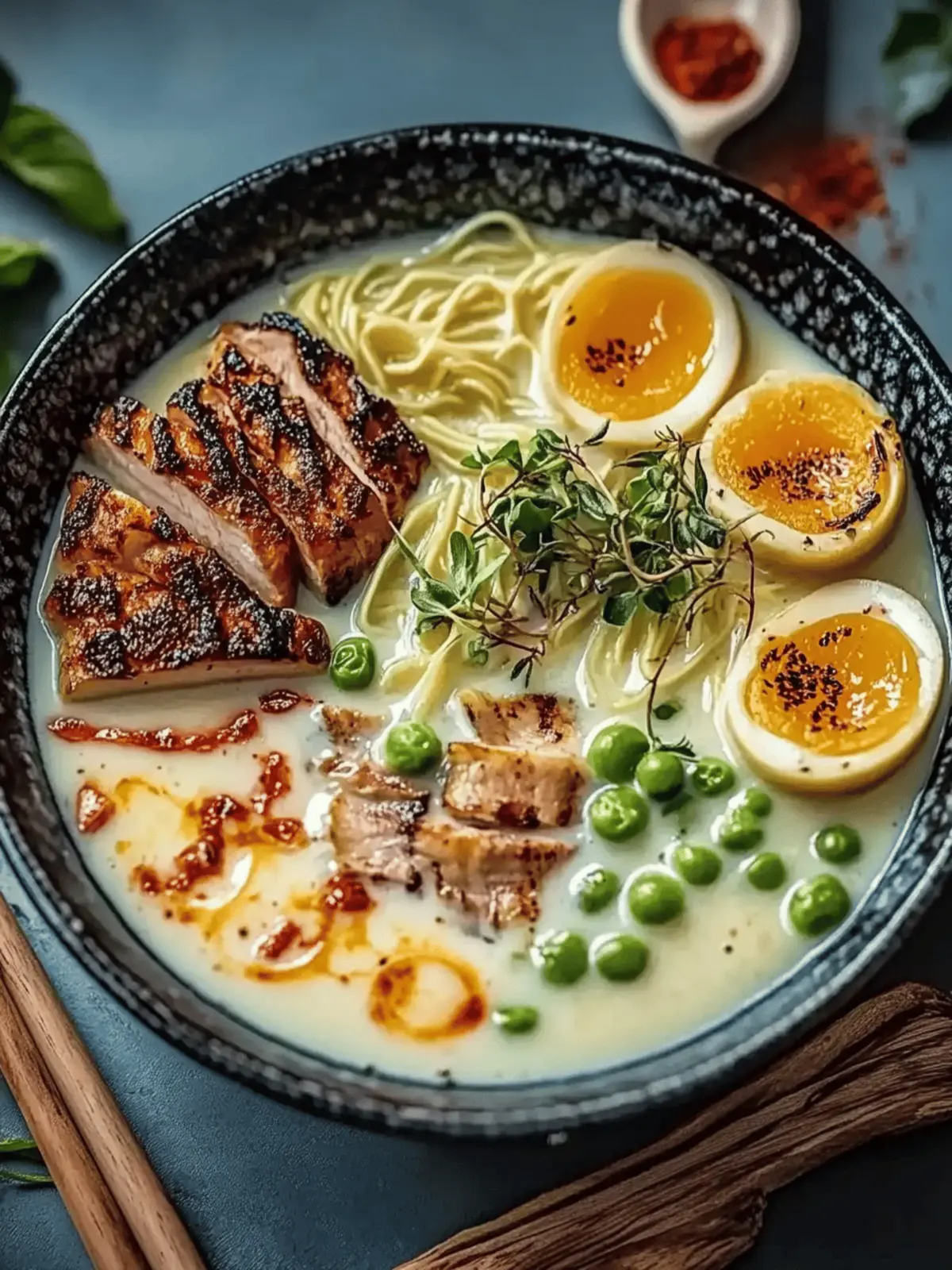 Feurige Hähnchen-Ramen mit cremiger Knoblauchsauce