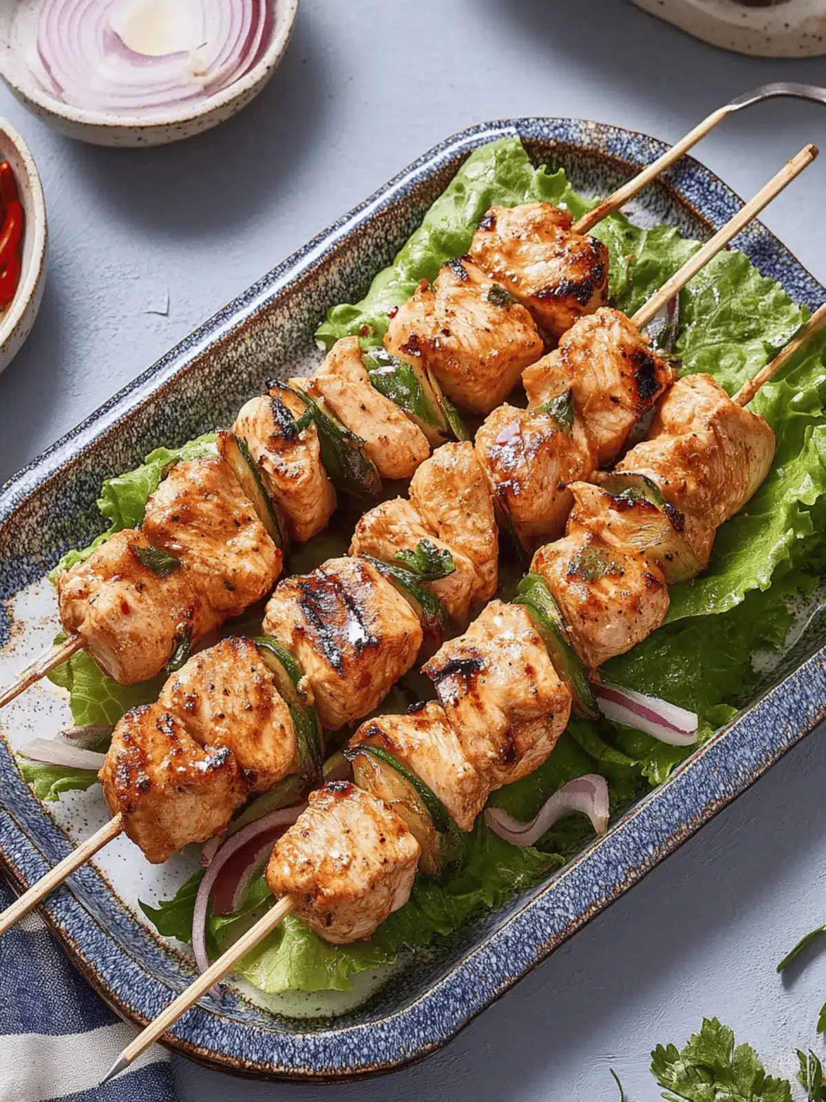 Marinierte Hähnchenspieße auf Feldsalat genießen 4 Marinated chicken skewers on cooked lamb's lettuce