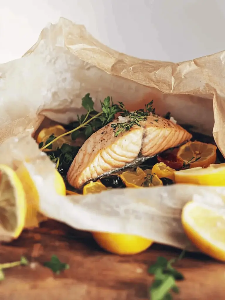 Steamed salmon from the packet on a bed of vegetables