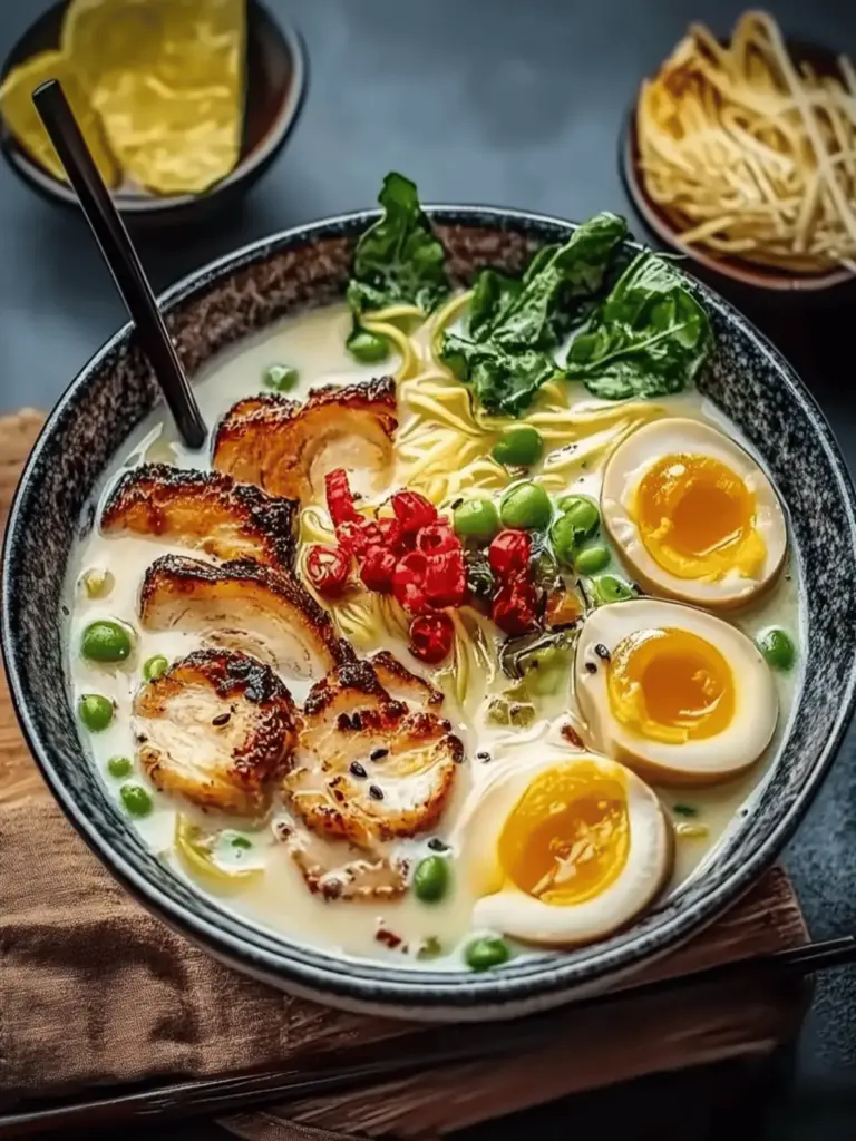 Feurige Hähnchen-Ramen mit cremiger Knoblauchsauce