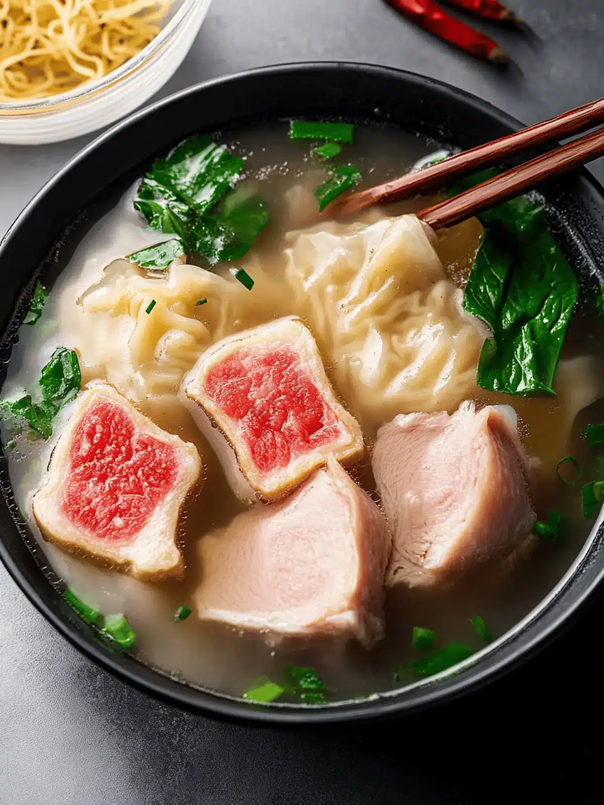 Wonton- und BBQ-Schweinefleisch-Nudelsuppe genießen 2 Wonton- und BBQ-Schweinefleisch-Nudelsuppe