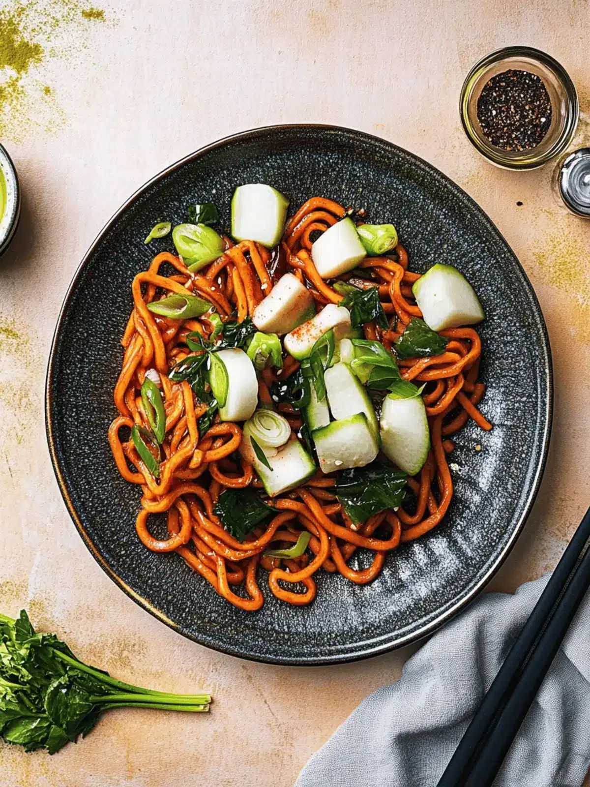 Udon-Noodles mit Rinderhack und Spinat