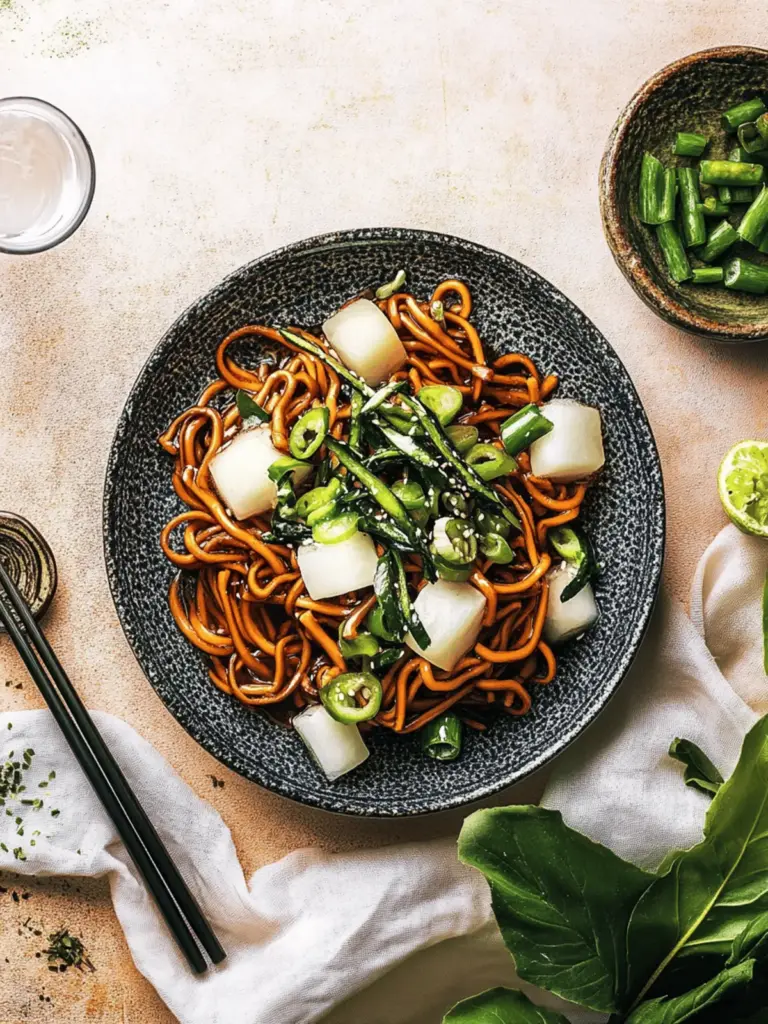 Udon-Noodles mit Rinderhack und Spinat