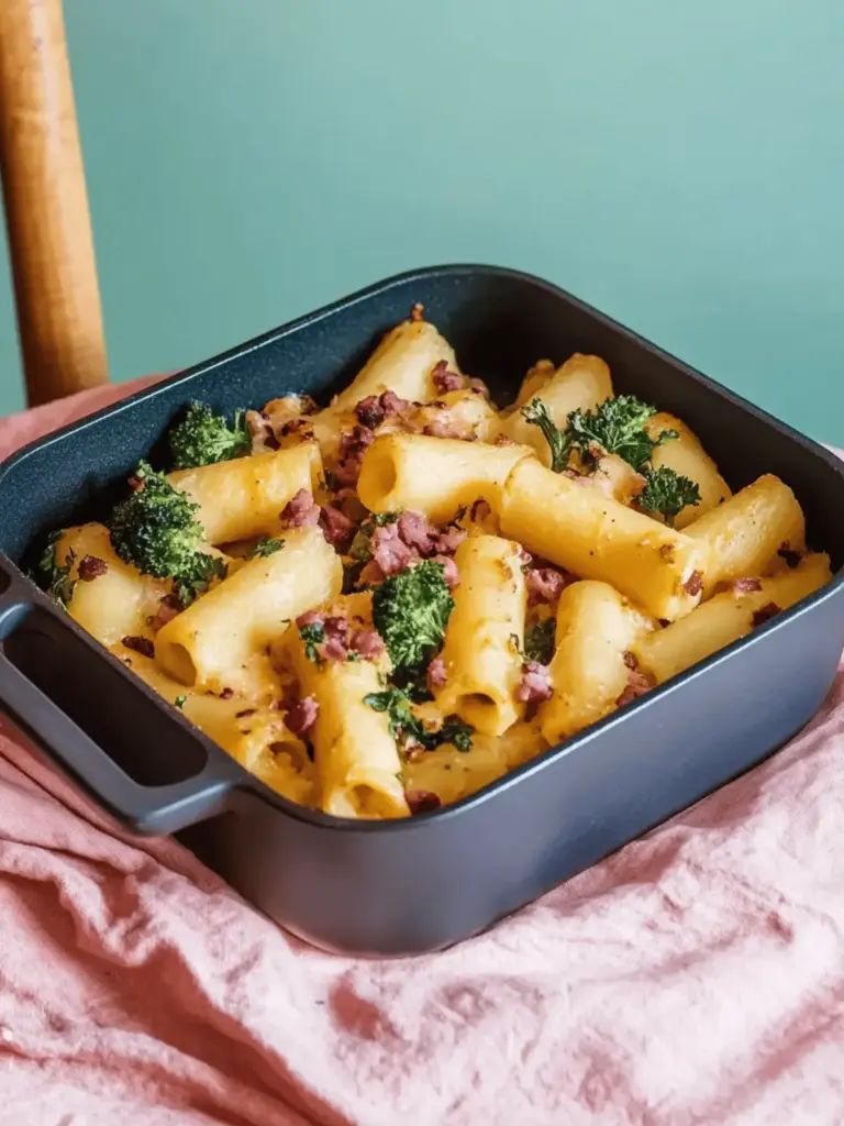 Veganes Nudel-Schinken-Gratin mit Brokkoli