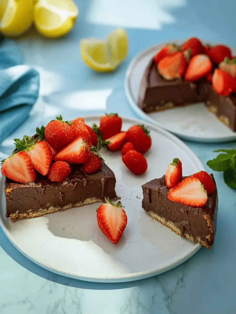 Creamy chocolate cheesecake with strawberries without base