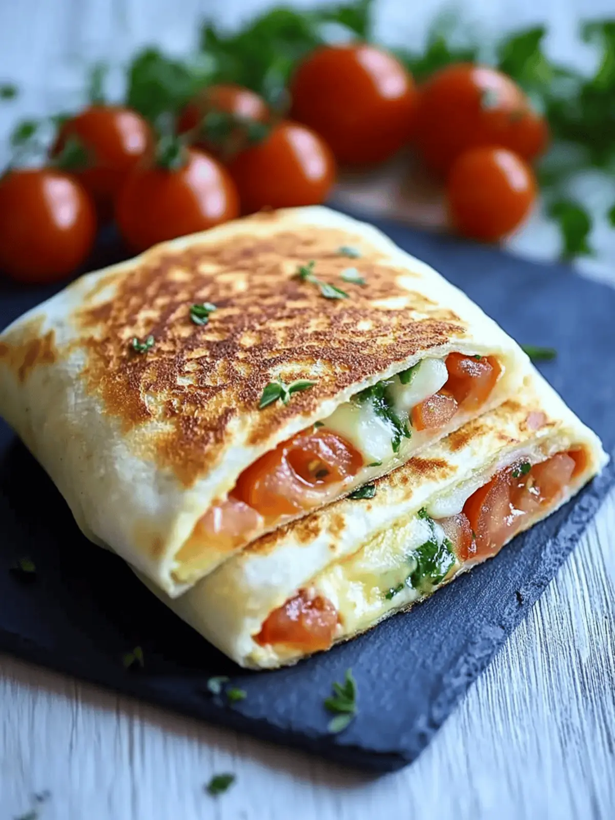 Frühstückswrap mit Ei, Käse und Tomaten