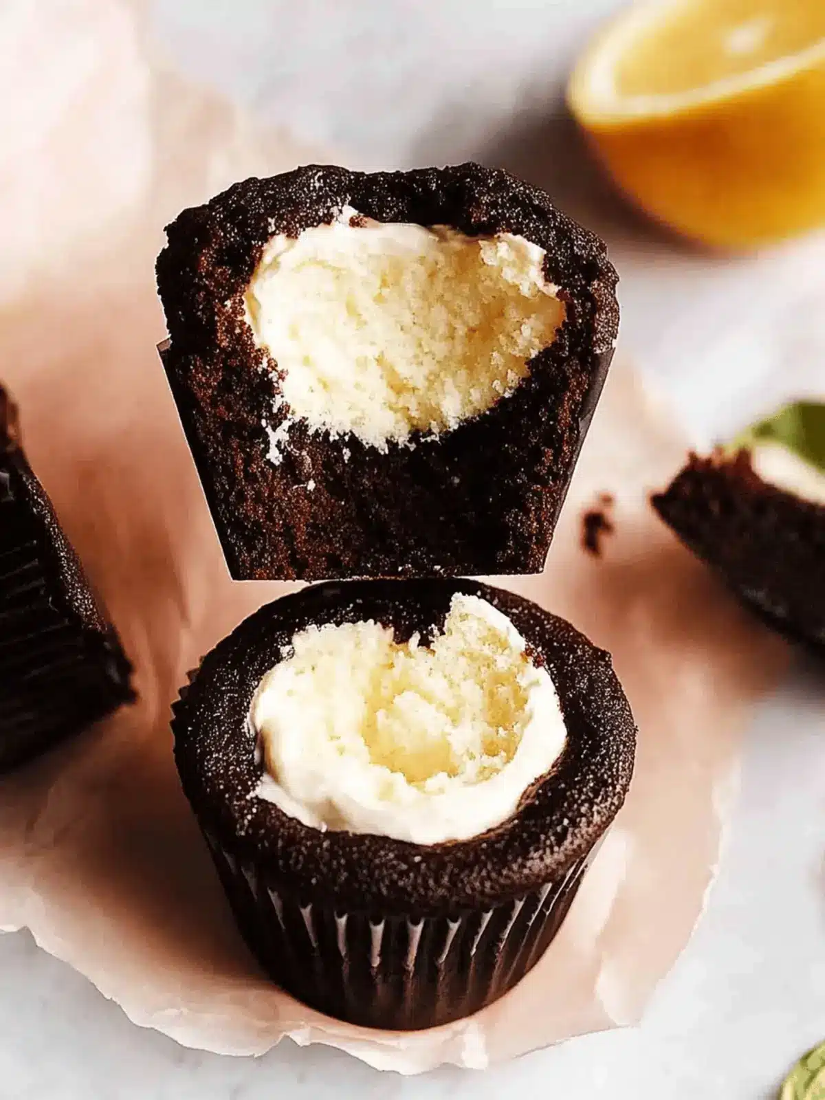 Schokoladen-Cupcakes mit Schlagsahne-Füllung 3 Schokoladen-Cupcakes mit Schlagsahne-Füllung und Schokoladenganache-Frosting