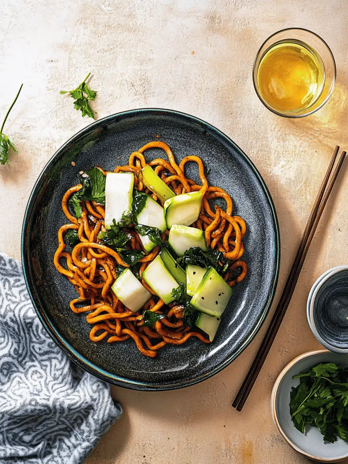 Udon-Noodles mit Rinderhack und Spinat