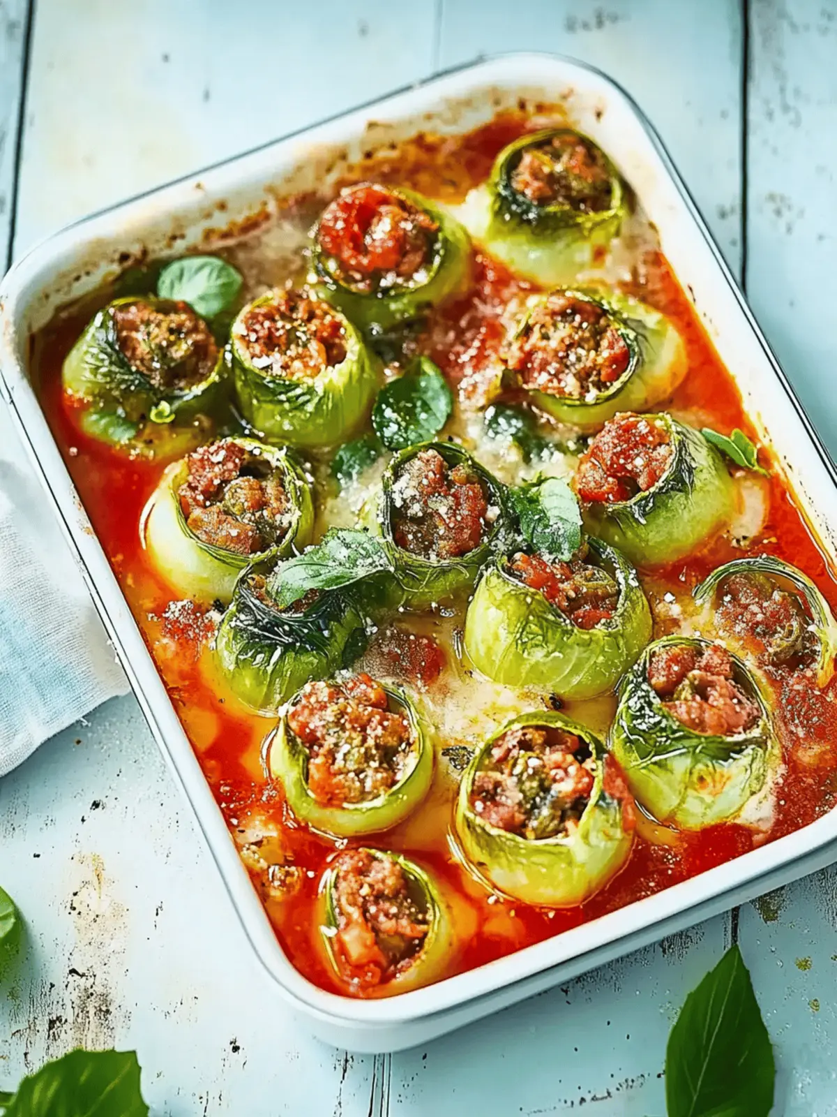 Zucchini-Hack-Röllchen in Tomatensoße