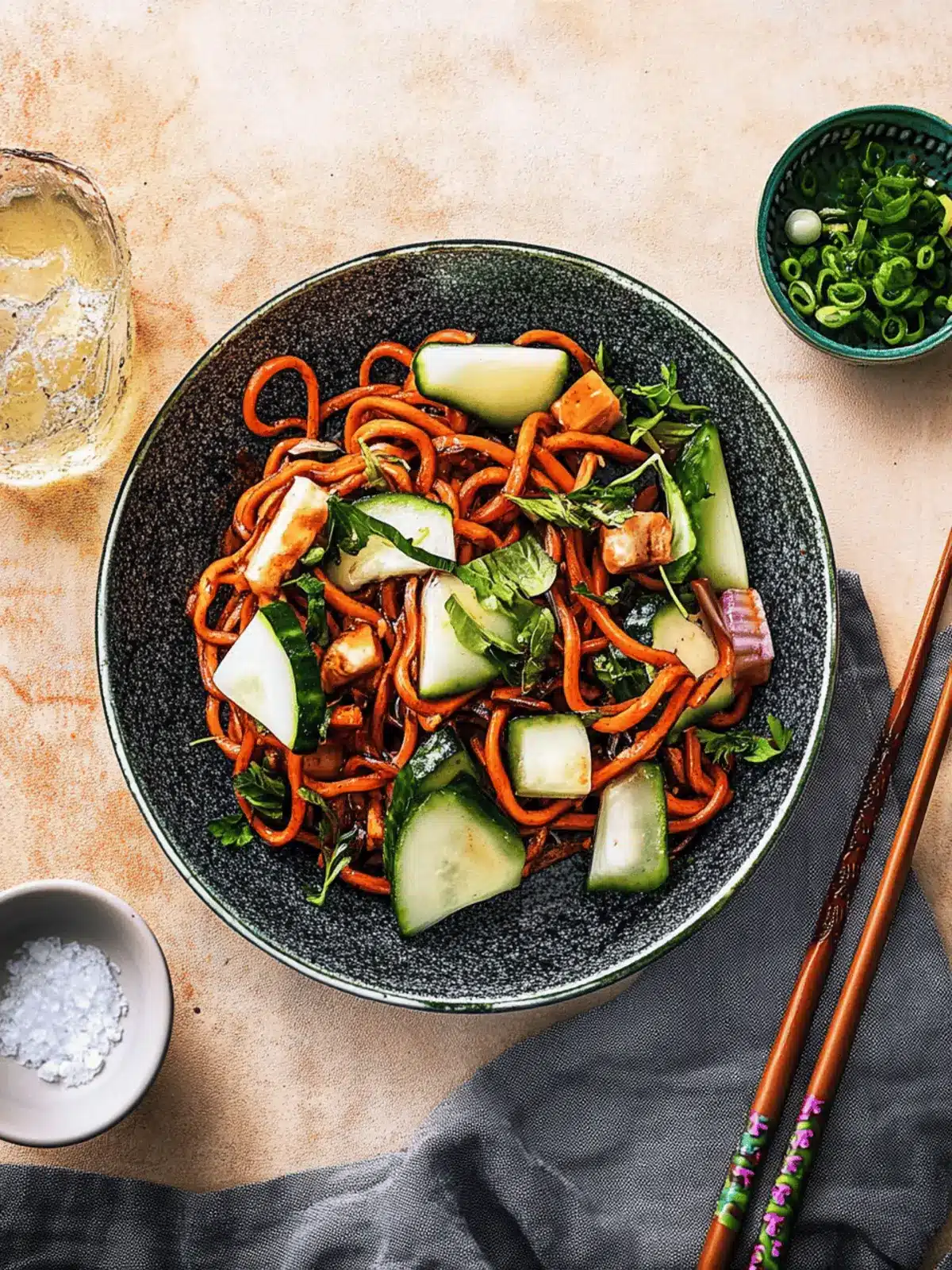 Udon-Noodles mit Rinderhack und Spinat