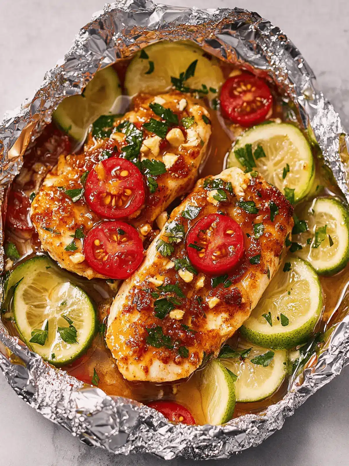 Honig-Senf-Hähnchen in Tomaten-Zucchini-Päckchen 4 Honig-Senf-Hähnchen, Tomaten- und Zucchini-Folienpäckchen