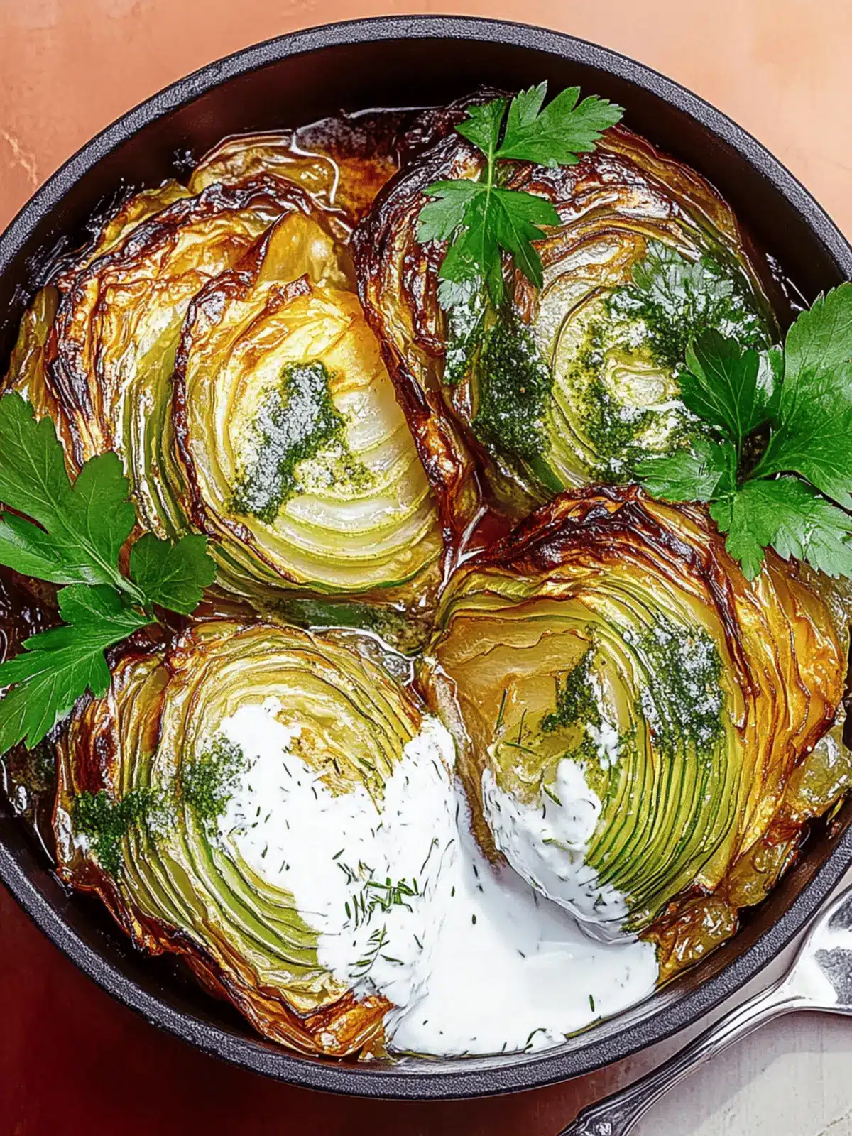 Gebackener Wirsing in dunkler Pilzrahmsauce 3 Gebratener Wirsing in einer dunklen Sahnesoße