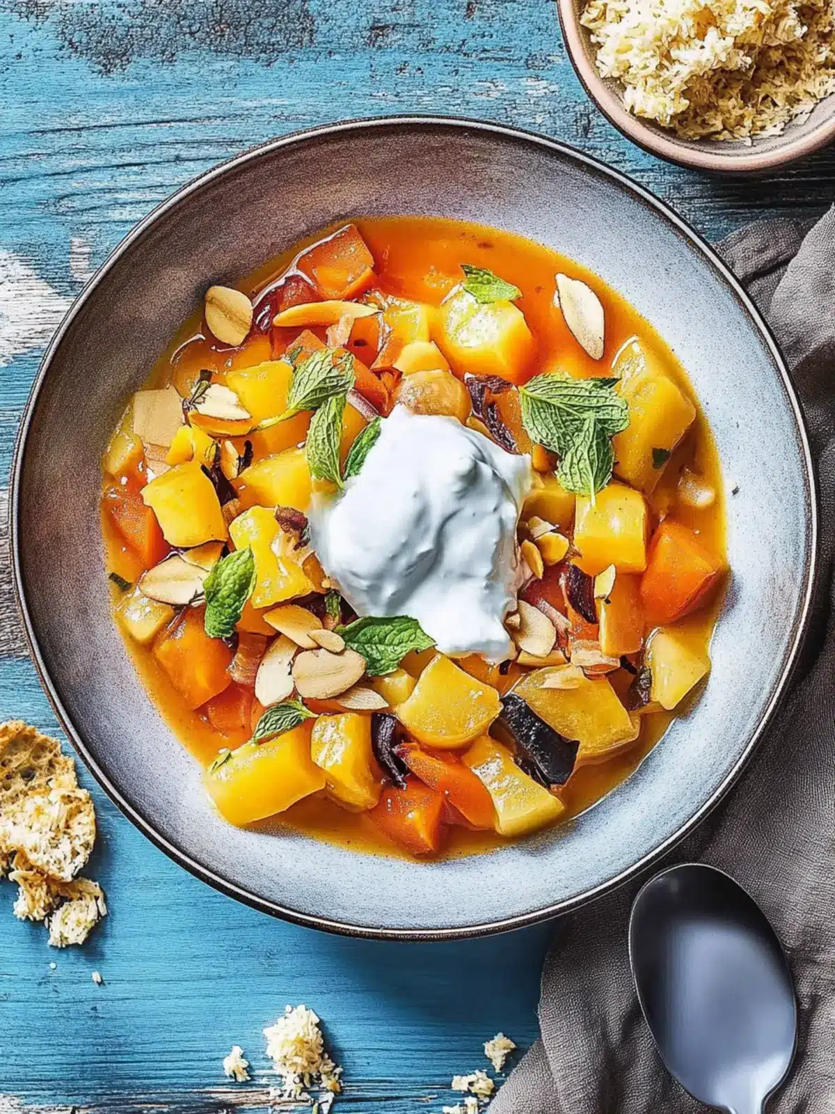 Cremiger Kürbiseintopf mit Mandeln und Spinat 4 Kürbiseintopf