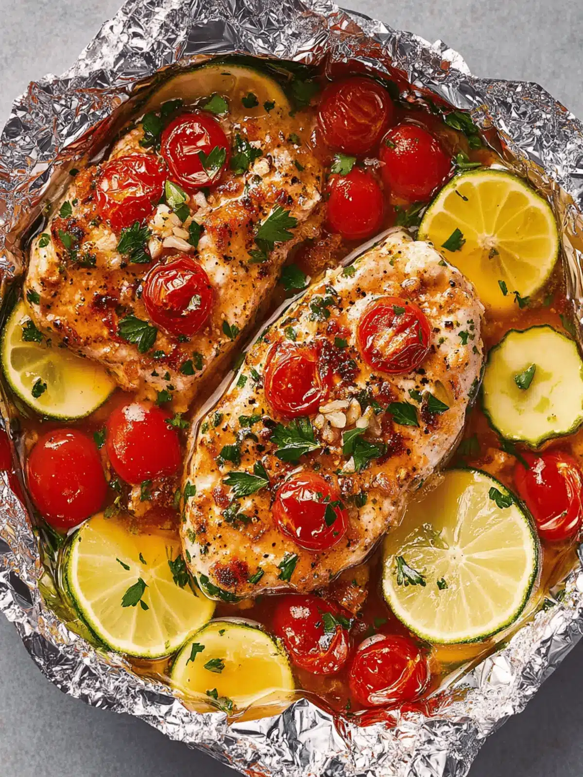 Honig-Senf-Hähnchen in Tomaten-Zucchini-Päckchen 2 Honig-Senf-Hähnchen, Tomaten- und Zucchini-Folienpäckchen