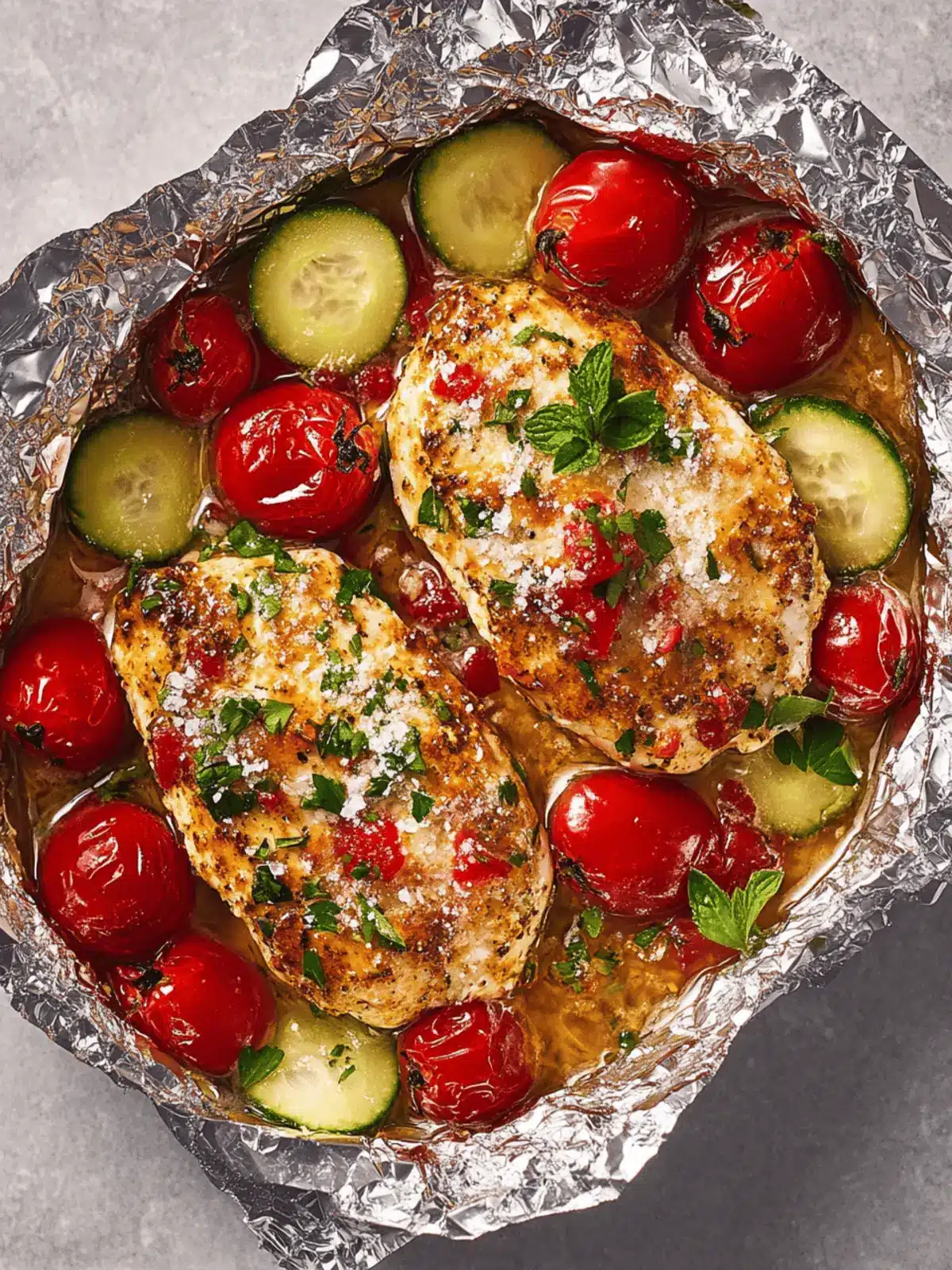 Honig-Senf-Hähnchen in Tomaten-Zucchini-Päckchen 3 Honig-Senf-Hähnchen, Tomaten- und Zucchini-Folienpäckchen