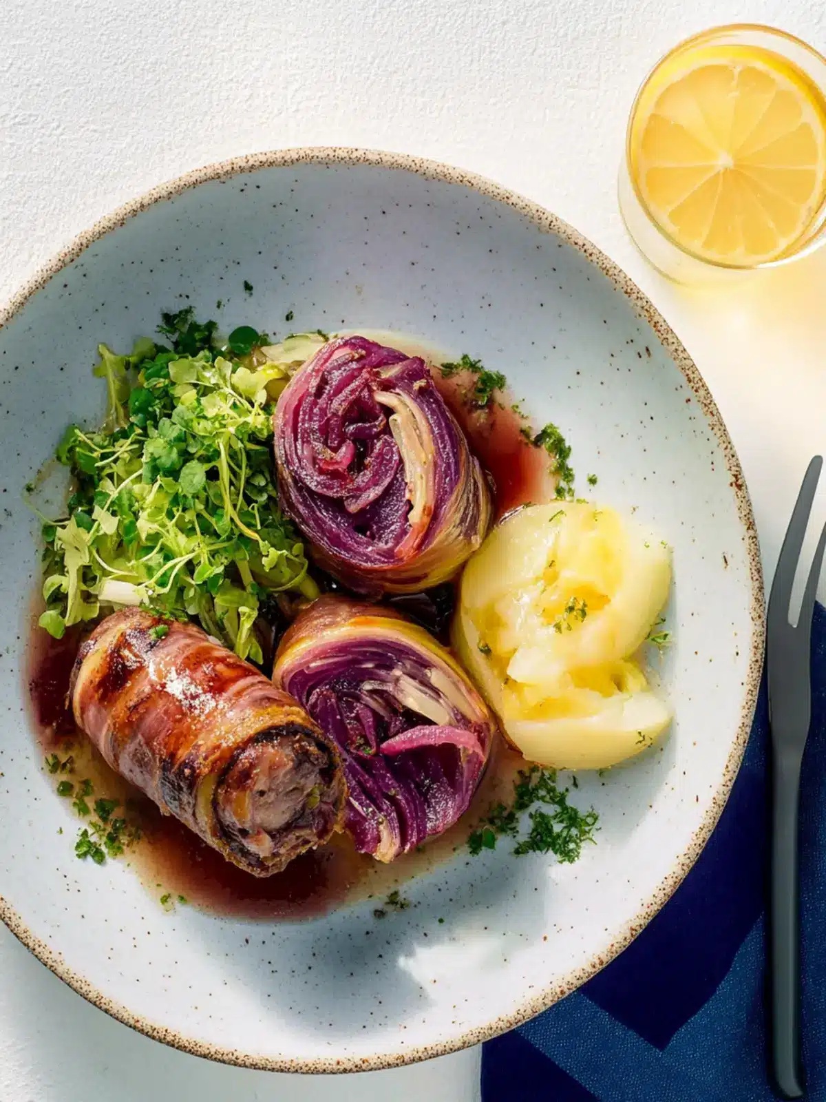 Rinderrouladen mit Rotkohl und hausgemachten Knödeln 2 Rinderrouladen mit Rotkohl und hausgemachten Knödeln