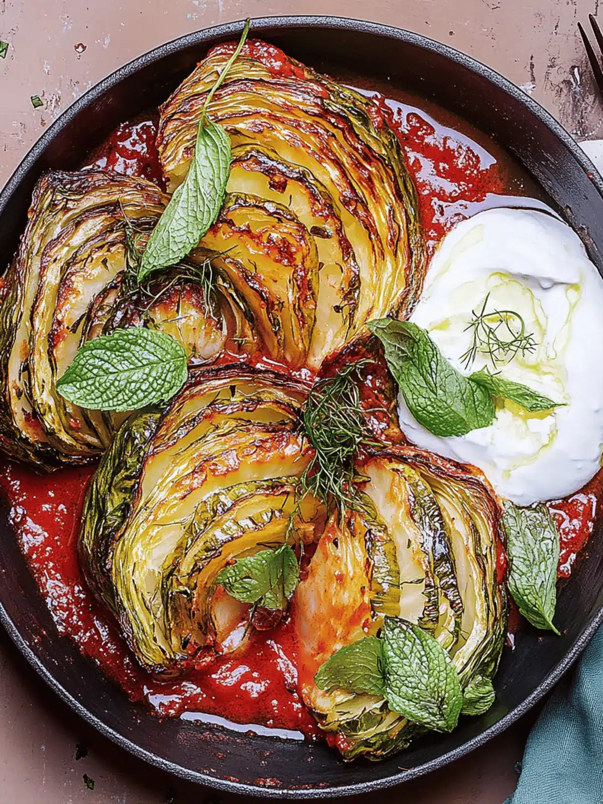 Gebackener Wirsing in dunkler Pilzrahmsauce 2 Gebratener Wirsing in einer dunklen Sahnesoße