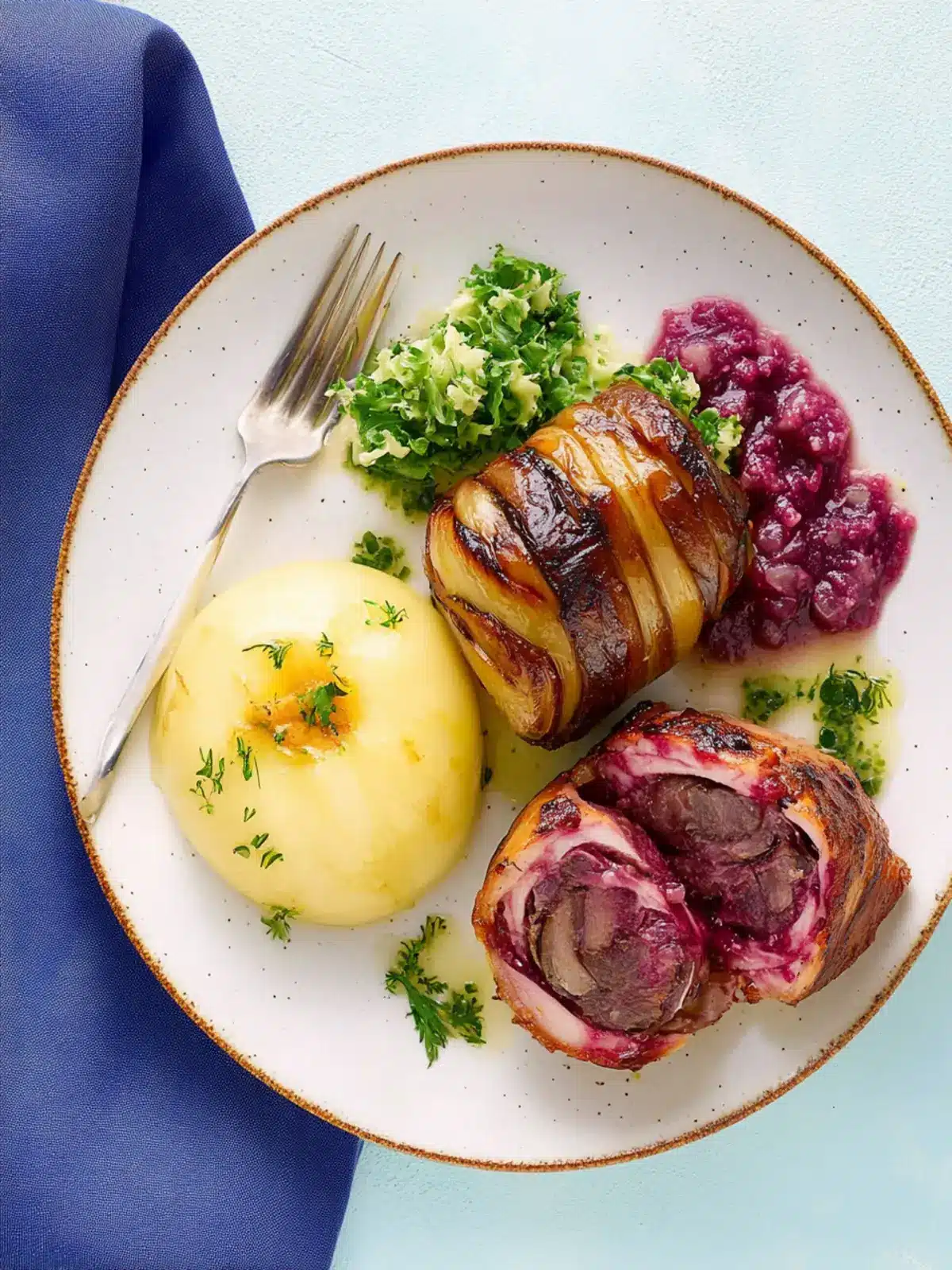 Rinderrouladen mit Rotkohl und hausgemachten Knödeln
