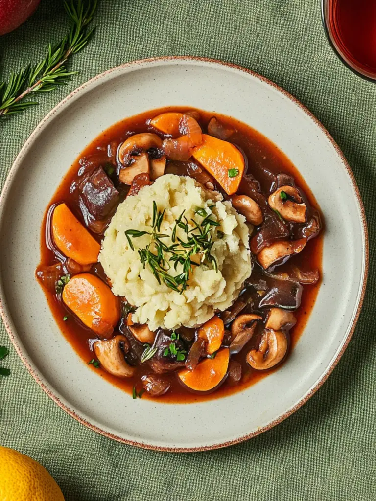 Veganer Gulasch mit Pilzen und Semmelknödeln