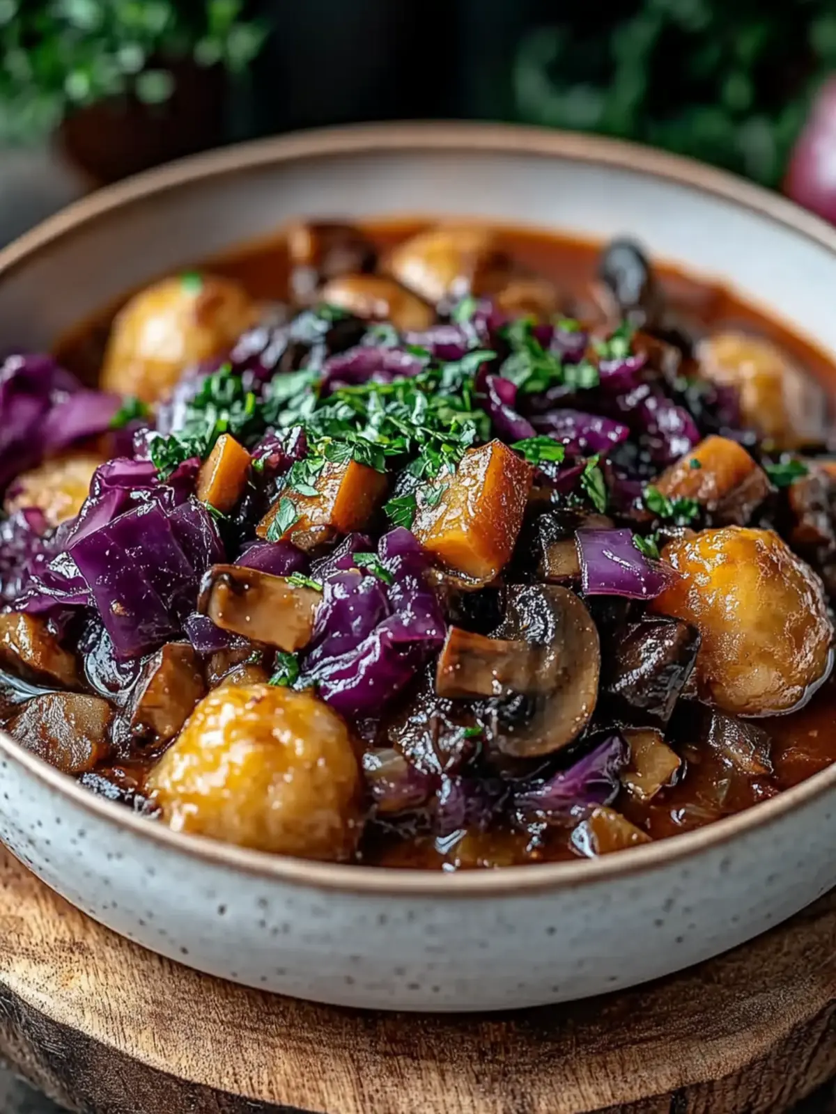 Savory Mushroom-Chestnut Ragout mit Ofenknödeln 2 Savory mushroom-chestnut ragout with oven dumplings and red cabbage