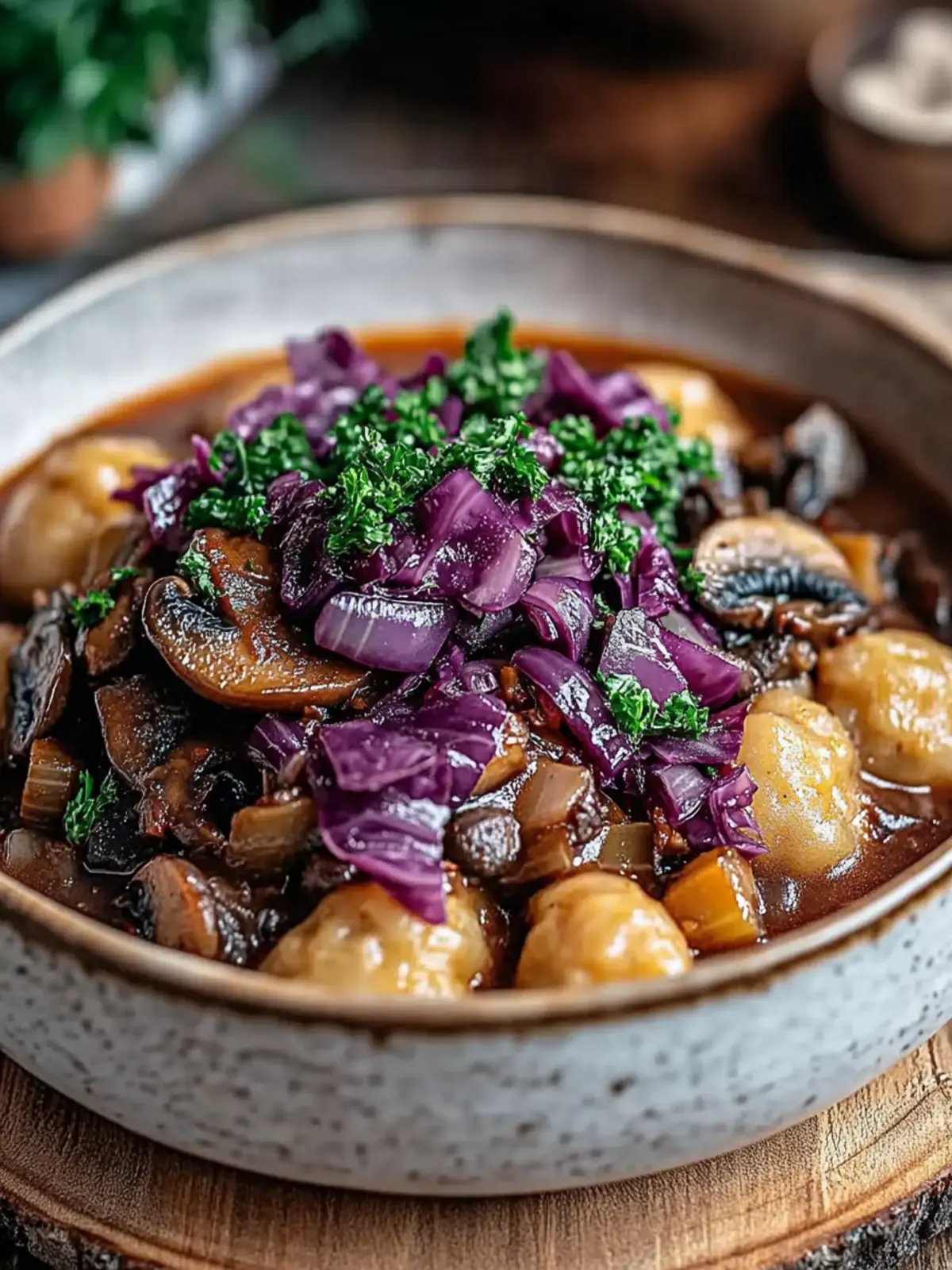 Savory Mushroom-Chestnut Ragout mit Ofenknödeln 3 Savory mushroom-chestnut ragout with oven dumplings and red cabbage