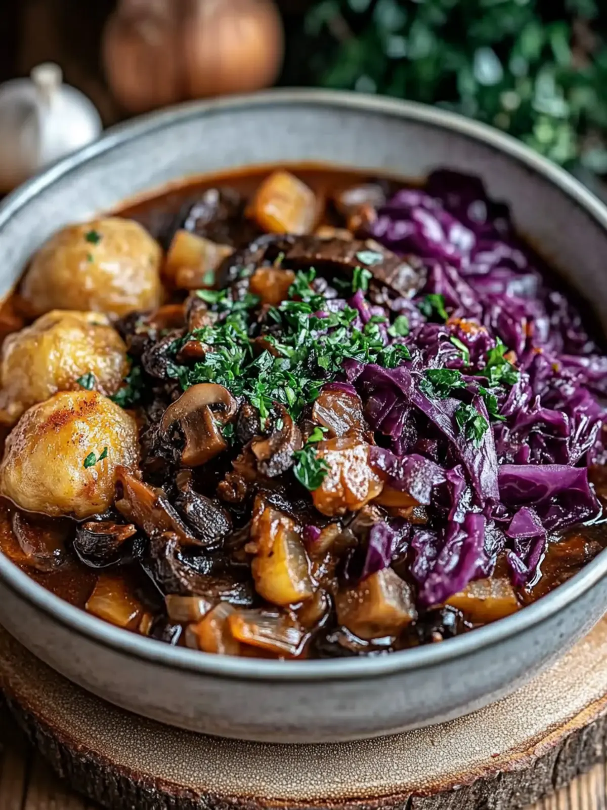 Savory Mushroom-Chestnut Ragout mit Ofenknödeln 5 Savory mushroom-chestnut ragout with oven dumplings and red cabbage
